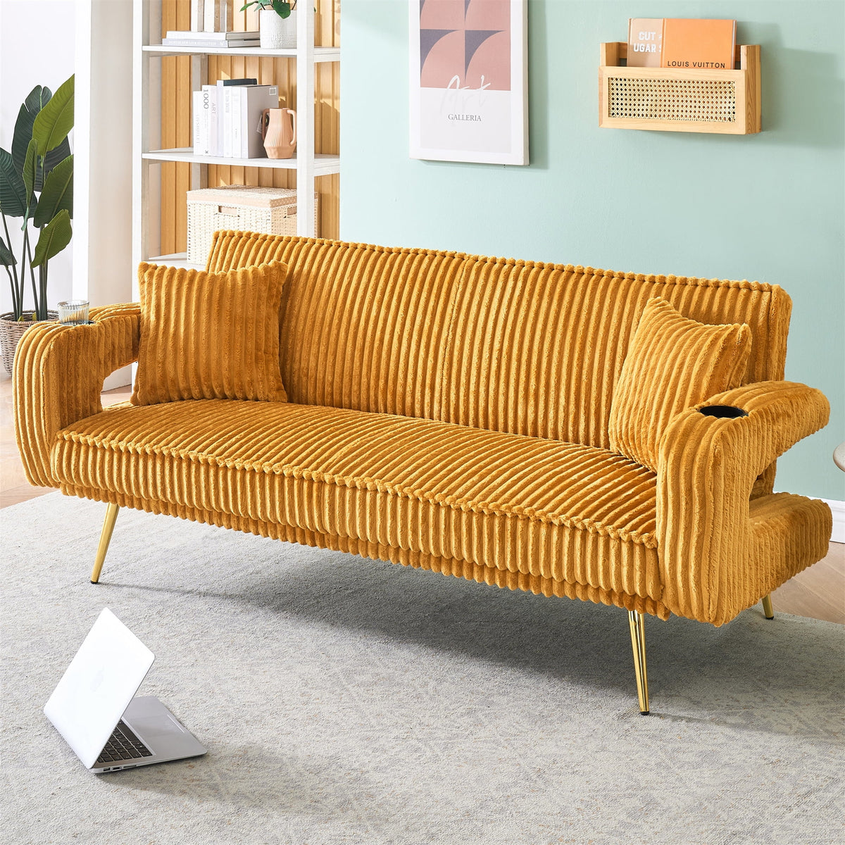 Aukfa Corduroy Futon Convertible Sofa Bed, Beige