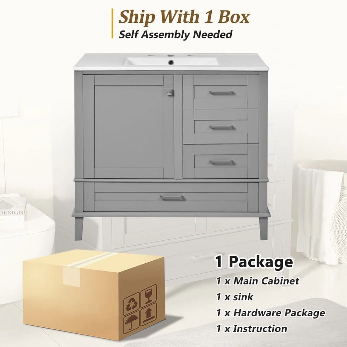 Bellemave 30" Bathroom Vanity with Sink, Cabinet with Sink Combo Set with Top, Bathroom Storage Cabinet with 3 Drawers and 1 Soft Closing Door, 30 Inch Vanity with Sink for Bathroom（White）