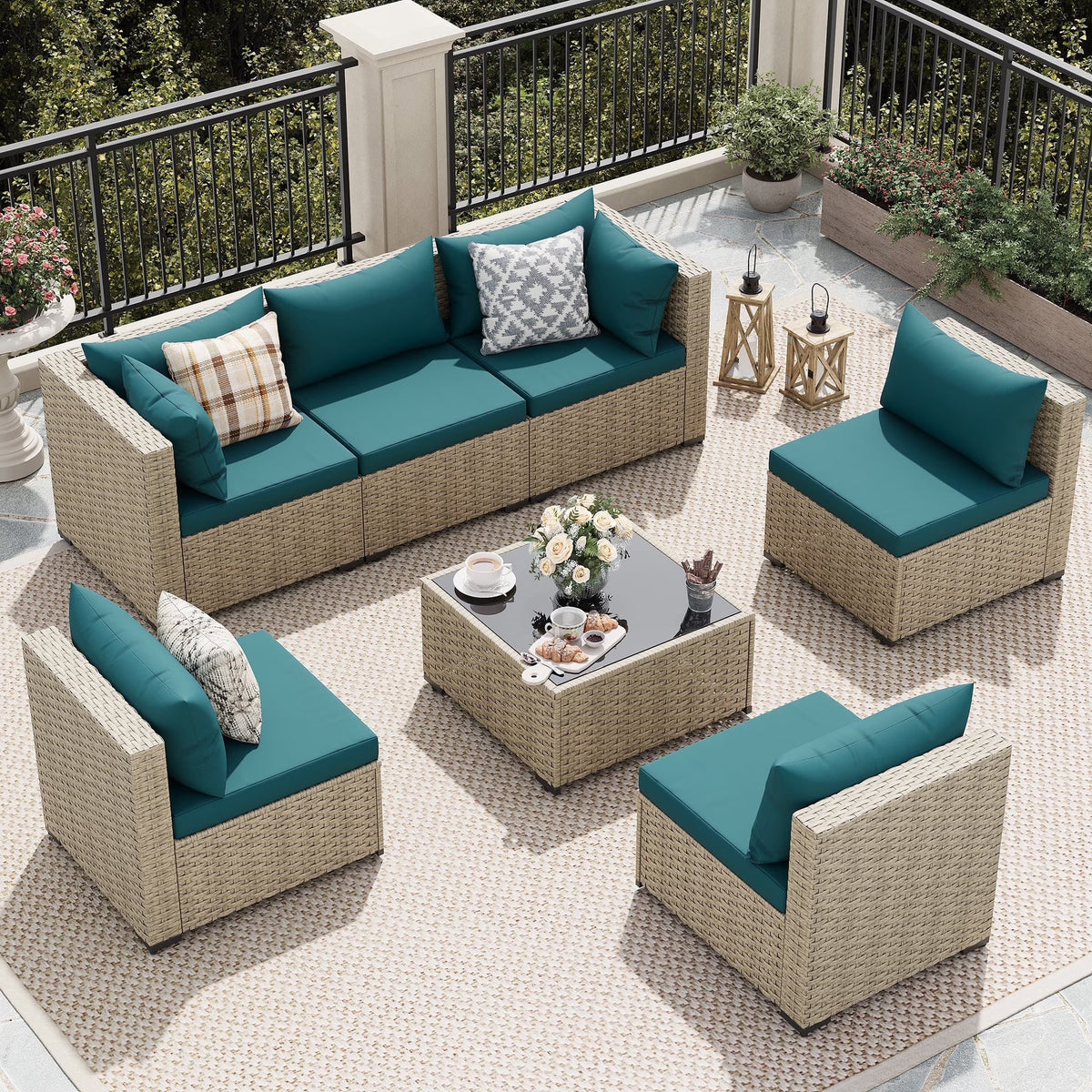 UDPATIO 7 Pieces Outdoor Patio Furniture Set, Outdoor Wicker Patio Conversation Set with Cushions for Backyard, Porch, Garden(Haze Blue)