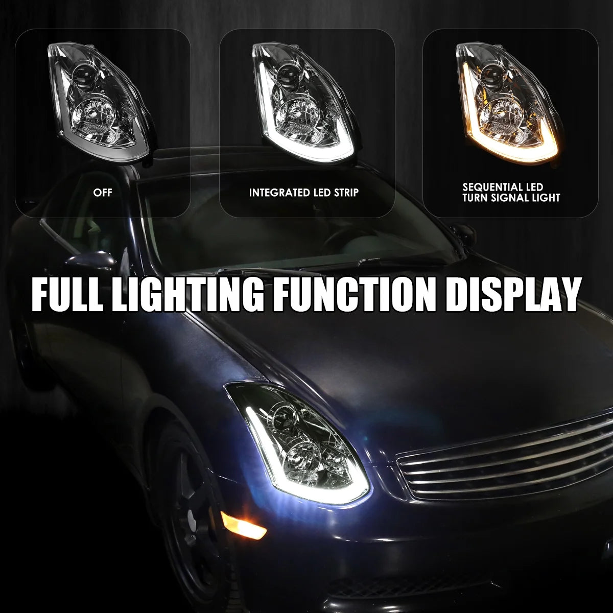 Spec-D Tuning Smoke Projector Headlights w/ Sequential LED Strip Compatible with 2003-2007 Infiniti G35 Coupe, Left + Right Pair Headlamps Assembly