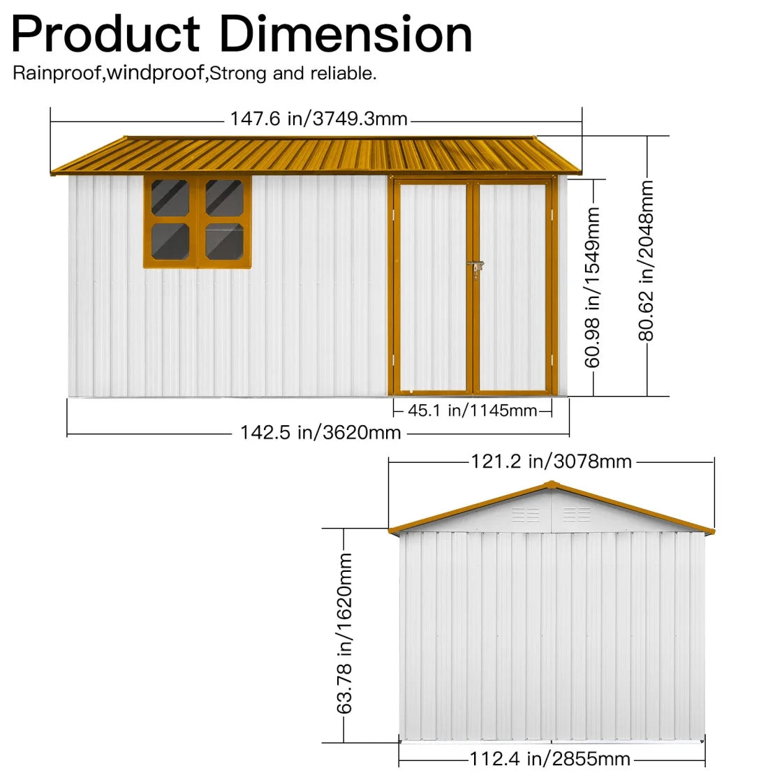 10x12 FT Outdoor Storage Shed, Metal Garden Tool Shed with Vents, Window and Bulit-in Hooks, Waterproof  Organization for Home/Backyard/Garden Tools/Lawn Storage, Yellow+White