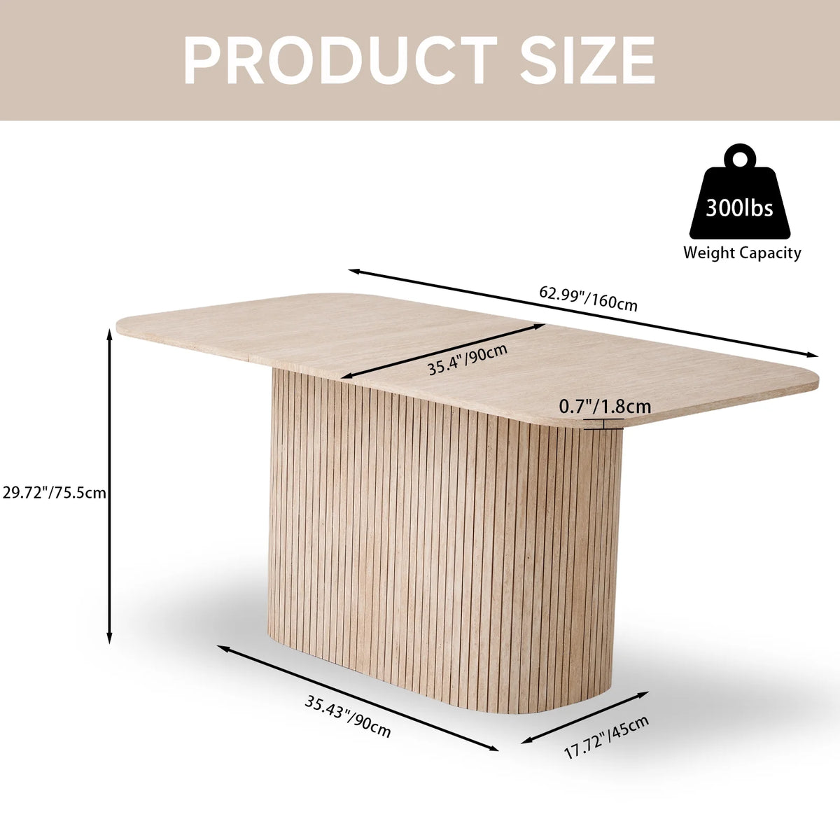 HJhomeheart 63" Rectangle Dining Table for 4 6 Person, Rounded Corners, Wood Strip Pedestal Base, Rustic Farmhouse Modern Breakfast Dinner Kitchen Table