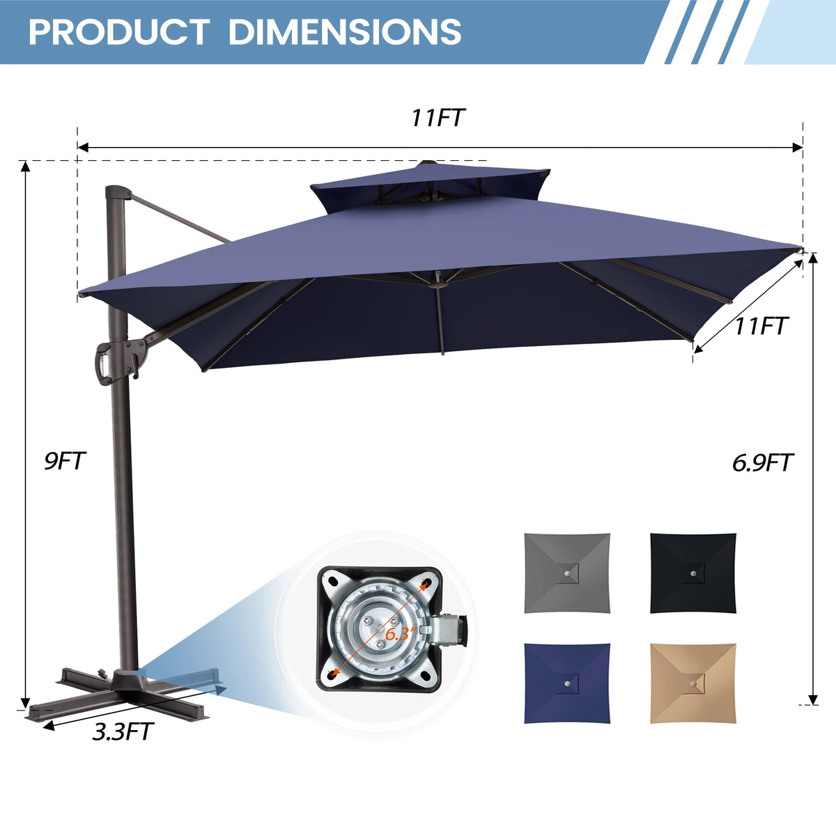 Pellebant 11' Patio Cantilever Offset Umbrella 360 degrees Rotation Square Double Canopy Navy Blue