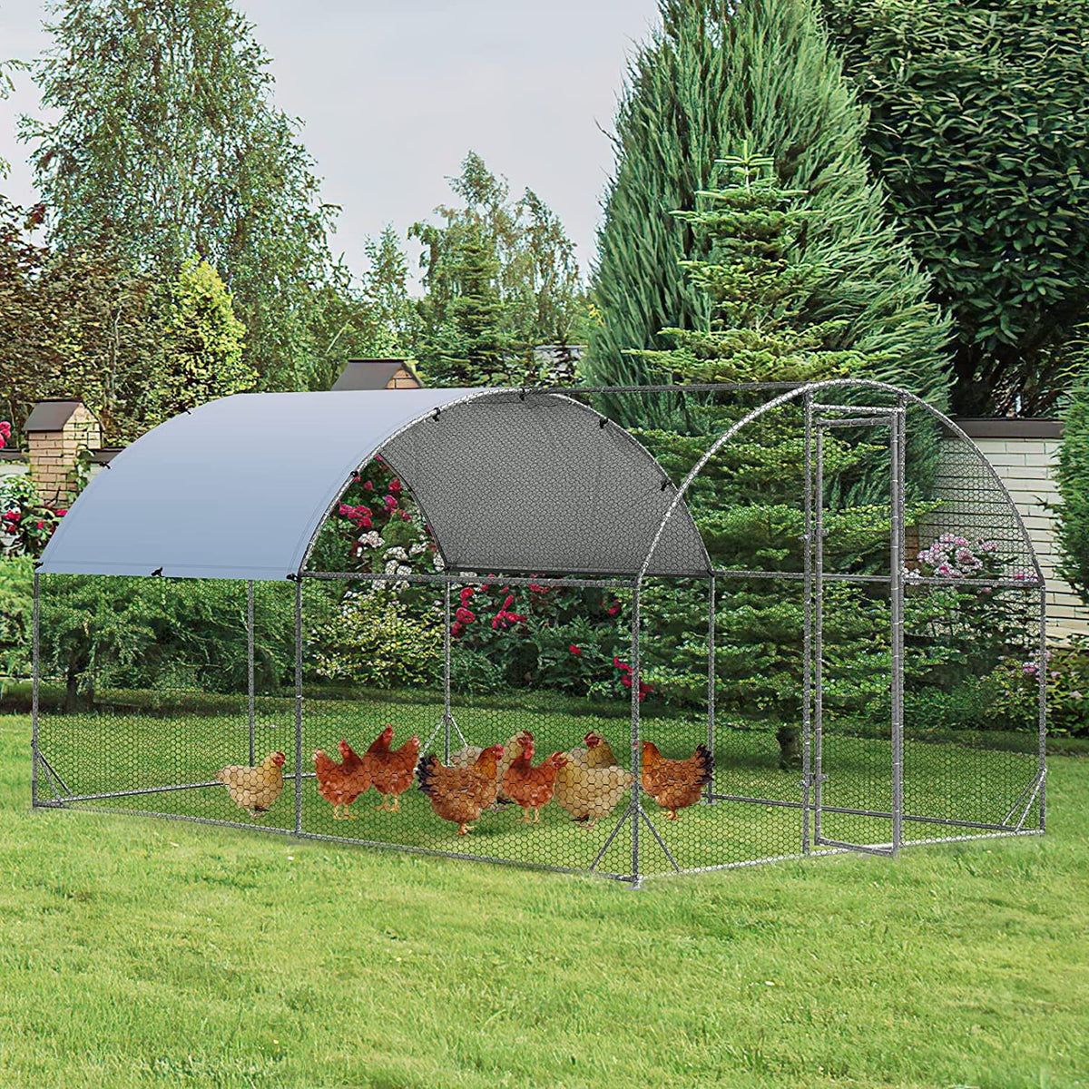 Large Metal Chicken Coops, Outdoor Duck Walk-in Run Poultry Cage, Hen House Yard Habitat Cage with Waterproof Cover Spire Shaped Coop, 9.8' L x 6.6' W x 6.6' H