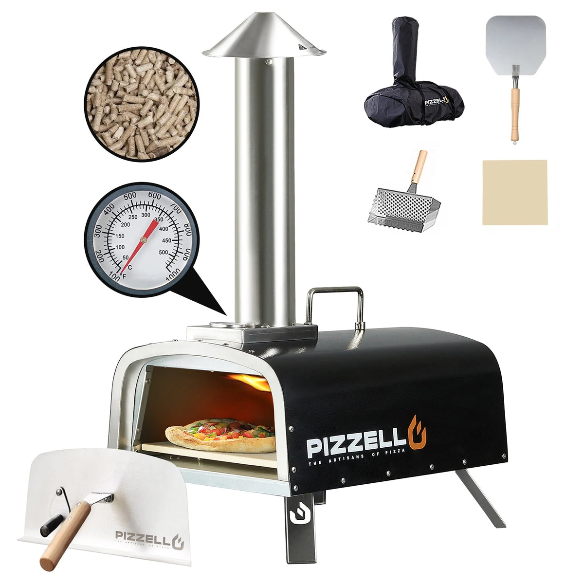 PIZZELLO Pellet Pizza Oven 12" Outdoor Wood Fired Pizza Ovens with Pizza Stone, Pizza Peel, Fold-up Legs, Cover, Thermometer, Chimney - Black