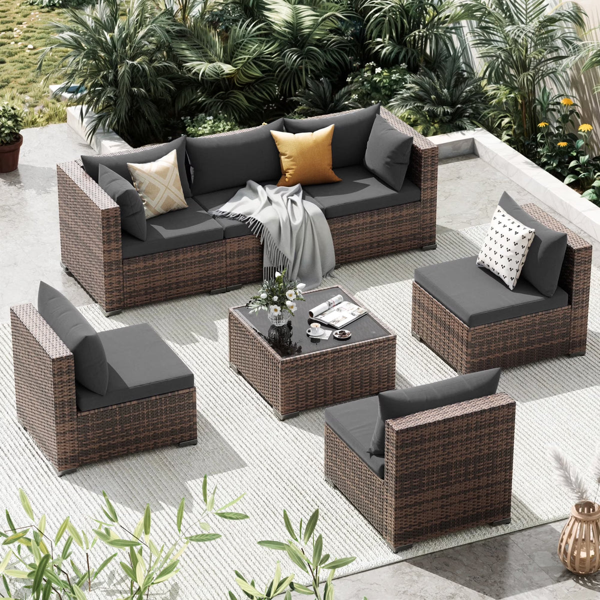 Techmilly Patio Furniture Sets, Modular Rattan Outdoor Patio Sectional Furniture Sofa Set, Wicker Patio Conversation Set for Backyard,7PCS