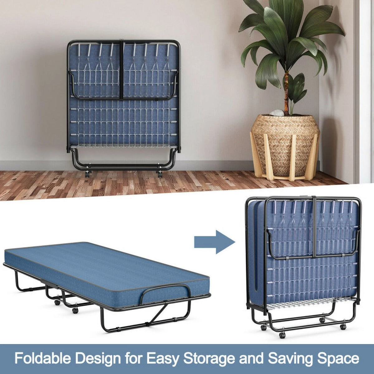Folding Bed with Memory Foam Mattress, Rollaway Guest Metal Frame for Kids Adults, Portable Sleeping Spare for Bedroom Office, Easy Assembly, 79" x 39"x 15.5"