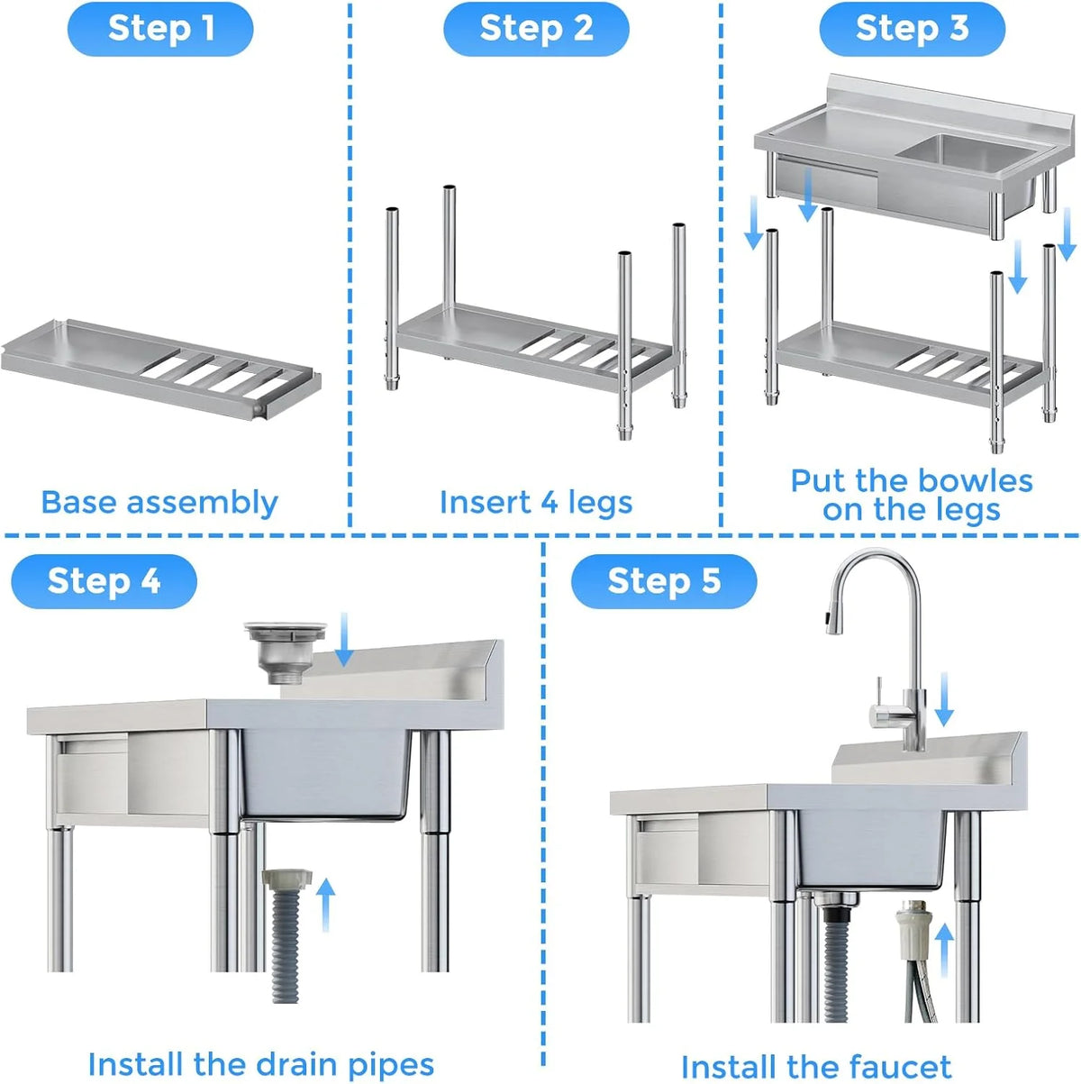 39 Inch Stainless Steel Utility Sink with Faucet Pipes & Storage - Heavy-Duty Freestanding Sink for Indoor/Outdoor Kitchen, Laundry, Garage