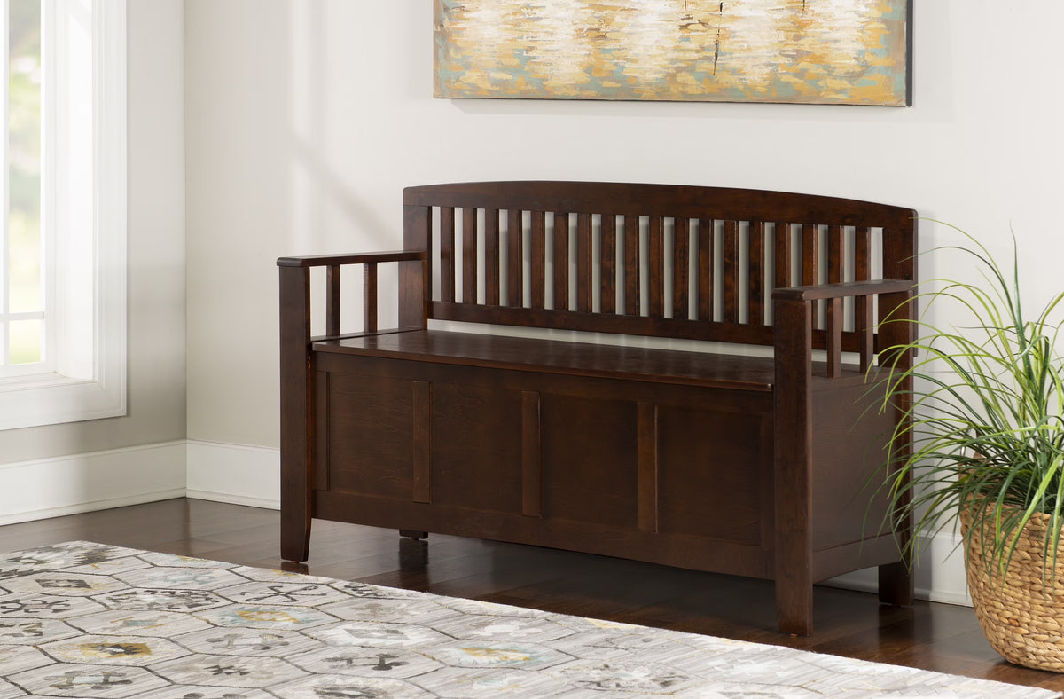 Linon Cynthia Slat Back Wood Bench with Flip Top Storage, 50"L x 17"D x 32"H, Walnut Brown