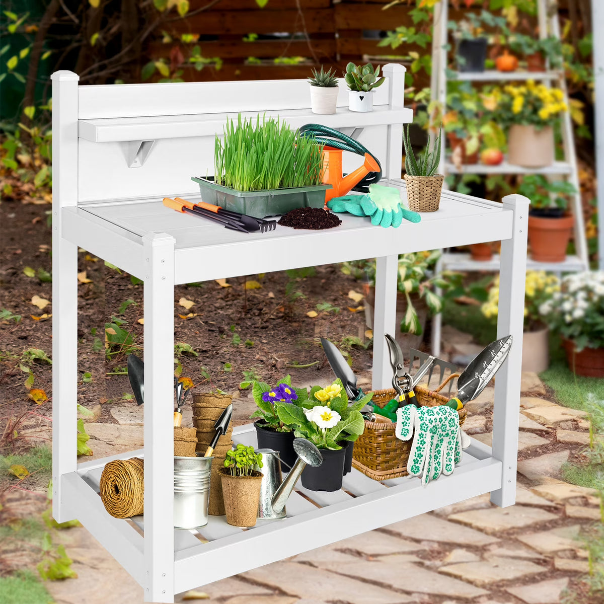 EAGLE PEAK Outdoor Indoor Vinyl Potting Bench Tsble, Gardening Work Station with Open Shelf, Lower Storage, Gray