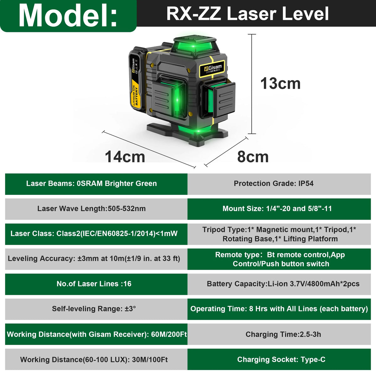 Gisam Laser Level with Tripod , 4x360 Self-Leveling Green Cross Line 4D Laser Tool with Remote Control & 2* 4800mAh Battery