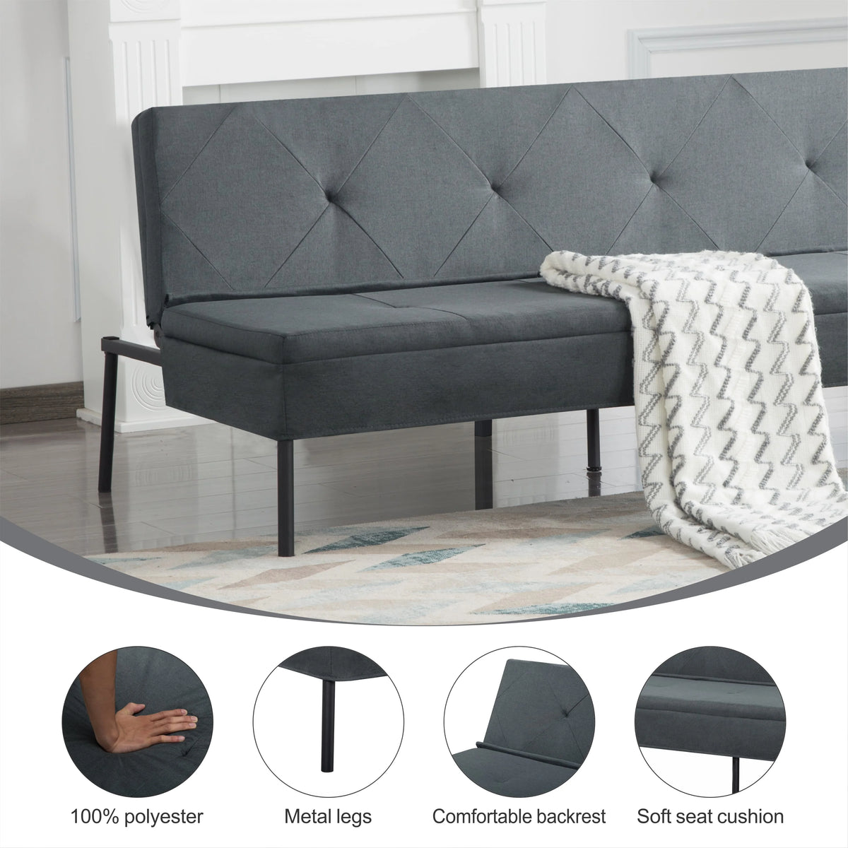 BSHTI 63Futon Sofa Bed,Upholstered with Polyester Fabric Convertible Sofa Couch for Living Room,Office(Black)