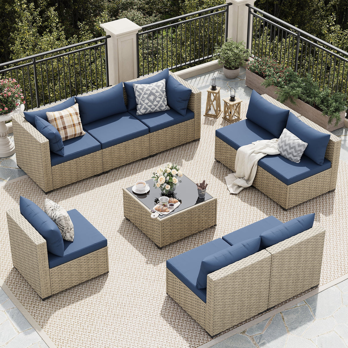 UDPATIO 7 Pieces Outdoor Patio Furniture Set, Outdoor Wicker Patio Conversation Set with Cushions for Backyard, Porch, Garden(Haze Blue)