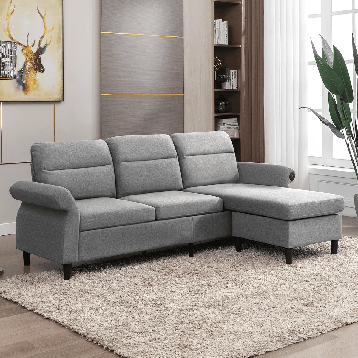Mjkone Modern 88" W Convertible Sectional Sofa Couch with 2 USB Ports and Adjustable Armres,3 Seat L-Shape Sofa Couch with,Ottoman for Living Room,Apartment , Linen Fabric,Light Grey