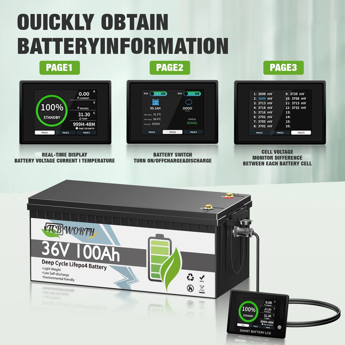 36V 100AH Golf Carts LiFePO4 Battery Bluetooth with Free APP Monitor,38.4V TCBWORTH for RV,Marine,Trolling Motor,Solar,Built in 200A BMS,7.68kW Output
