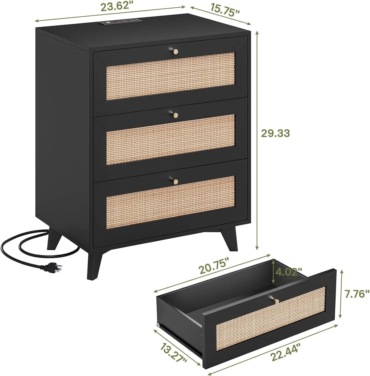 AOGLLATI Rattan Nightstand with Charging Station & 3 Drawers for Bedroom