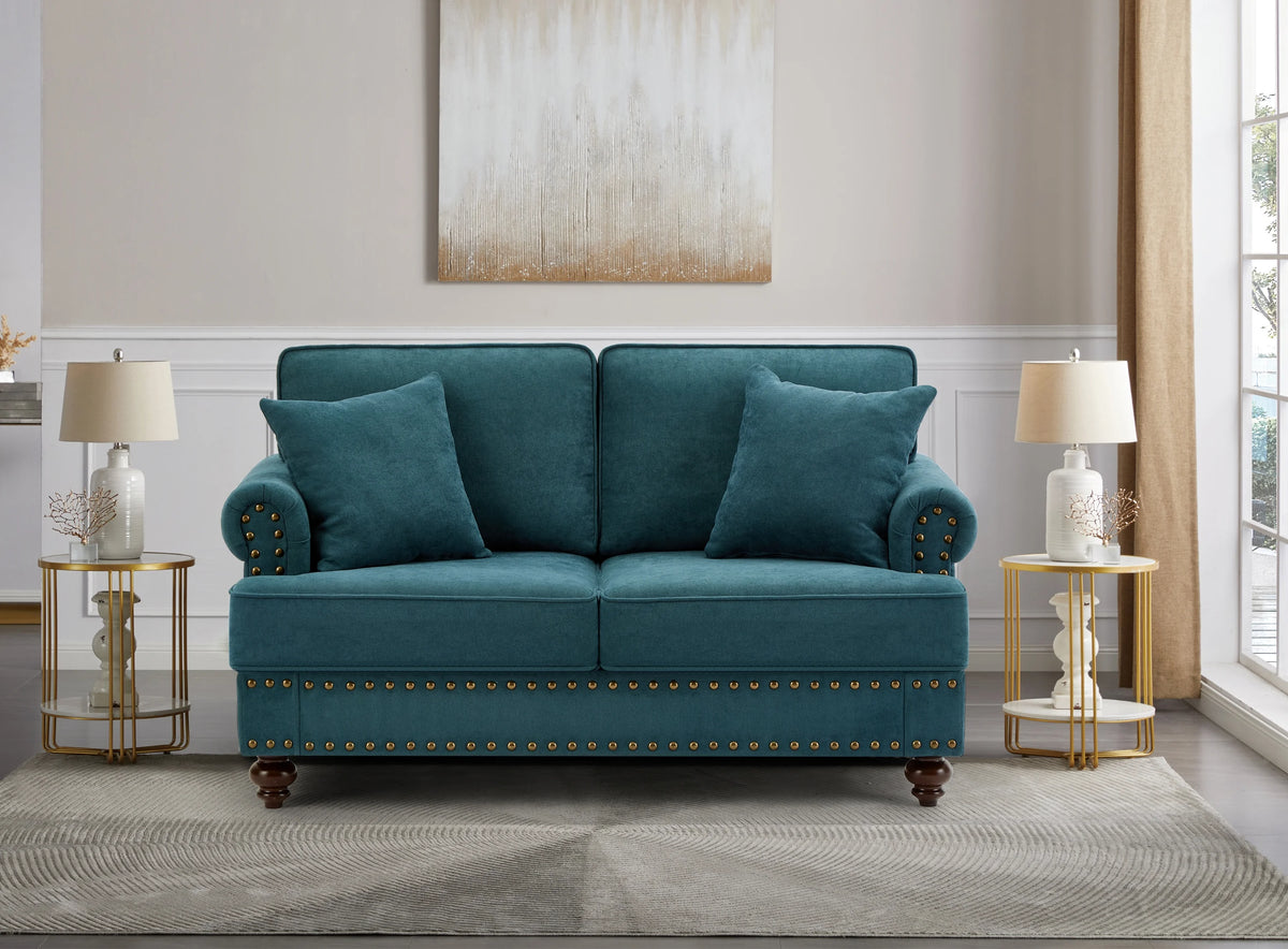 Modern Chenille Upholstered Sofa Couch with Nailhead Trim Rolled Arms Pillows