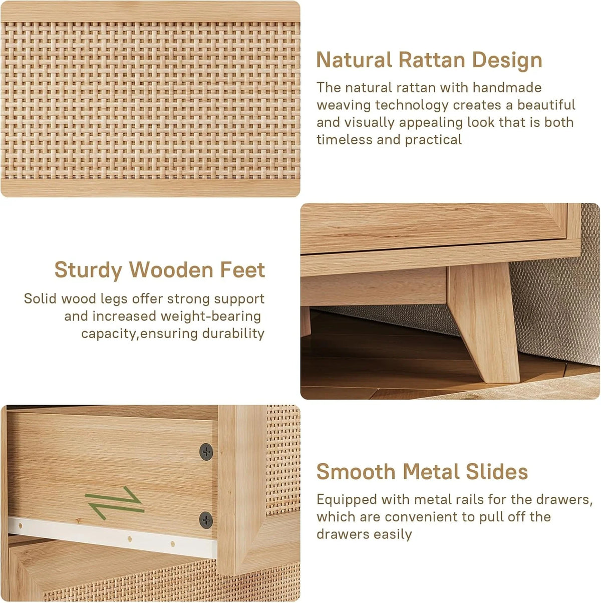 AOGLLATI Rattan Nightstand with Charging Station & 3 Drawers for Bedroom