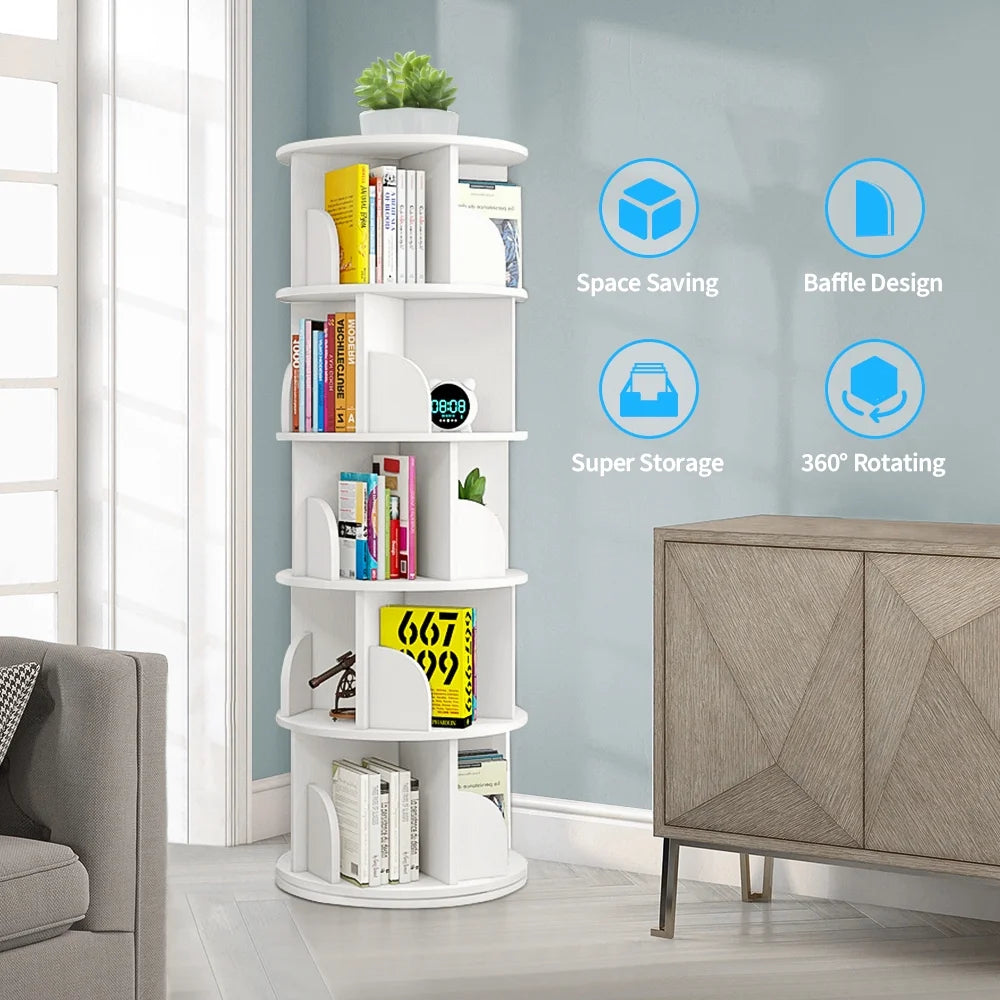 Bimiti 5 Tier Rotating Bookshelf, 360? Revolving Bookcase 20 Shelves Floor-Standing Storage Display Rack - White 63"x18"x18", Adult