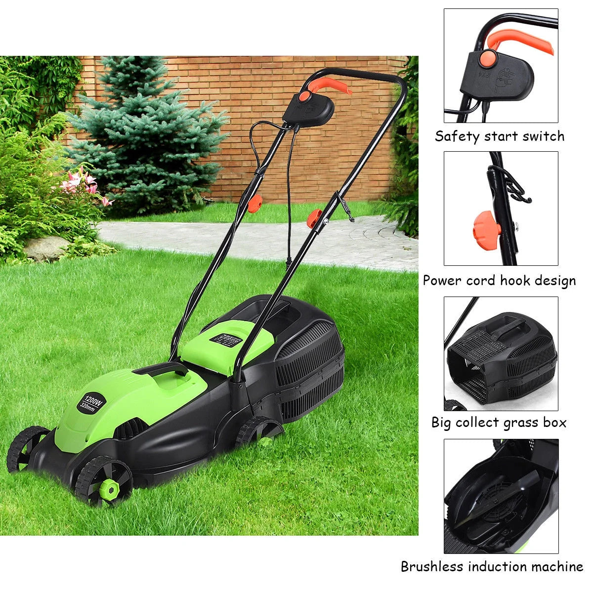 Costway 12 Amp 13-Inch Electric Push Lawn Corded Mower With Grass Bag Green