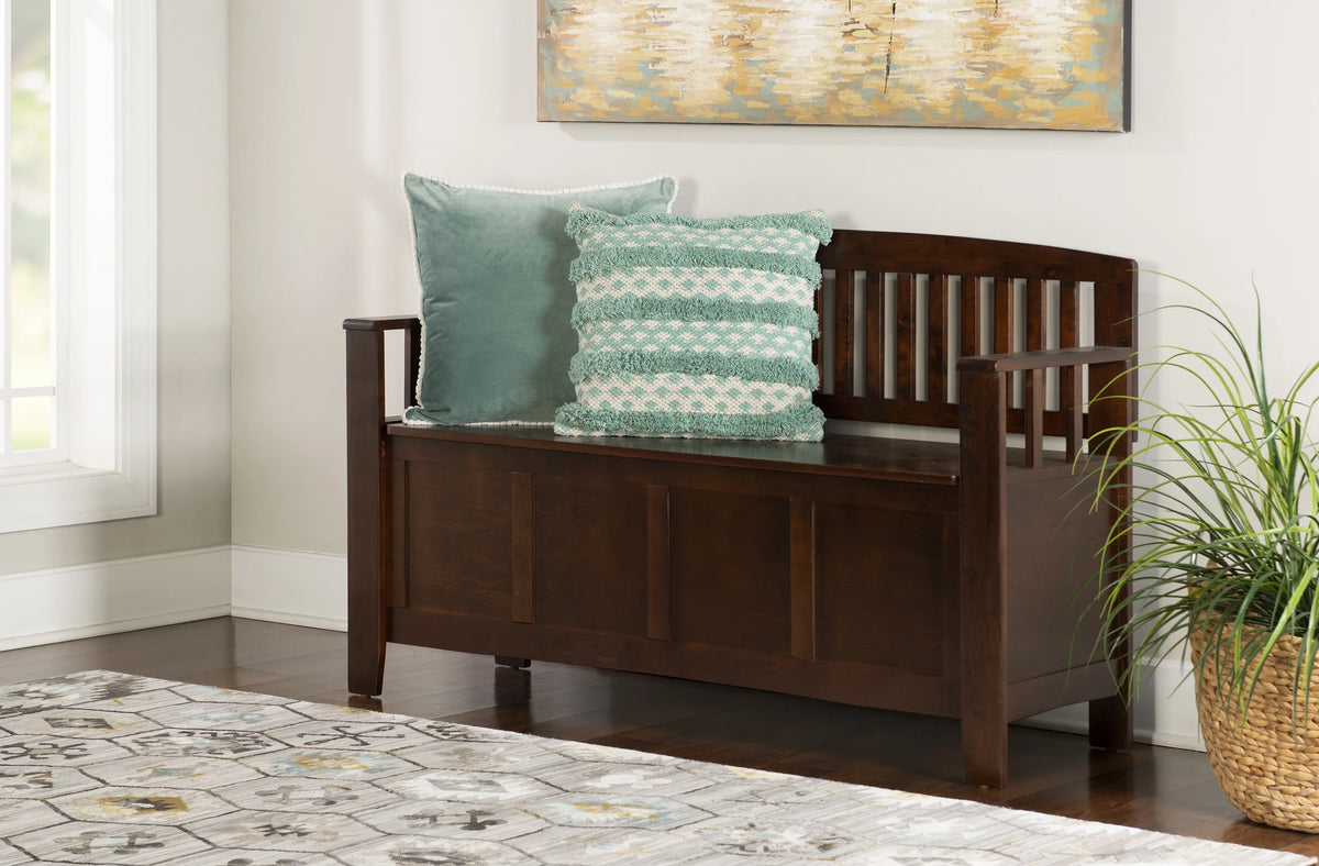 Linon Cynthia Slat Back Wood Bench with Flip Top Storage, 50"L x 17"D x 32"H, Walnut Brown
