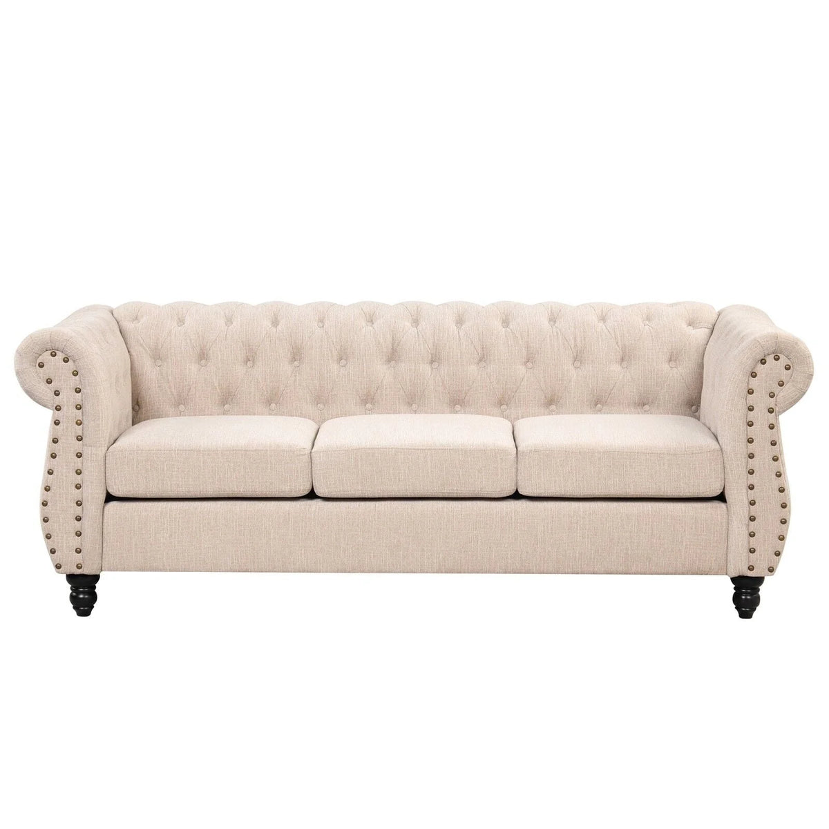 Classic 3 Seater Button Tufted Sofa, Upholstered Couch with Nailhead Rolled Arms Removable Cushions for Living Room Office Bedroom
