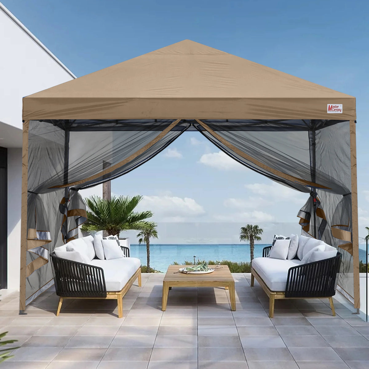 MASTERCANOPY 8' x 8' Pop-up Canopy Tent Outdoor Screen House Shelter with Mesh Walls, White