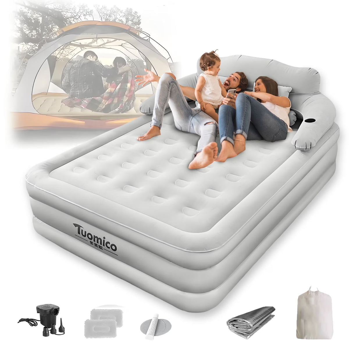 Liyufly 19in Queen Air Mattress, Inflatable Airbed with Pump for Guest Home Camping Travel, 661lb Max,Coffee