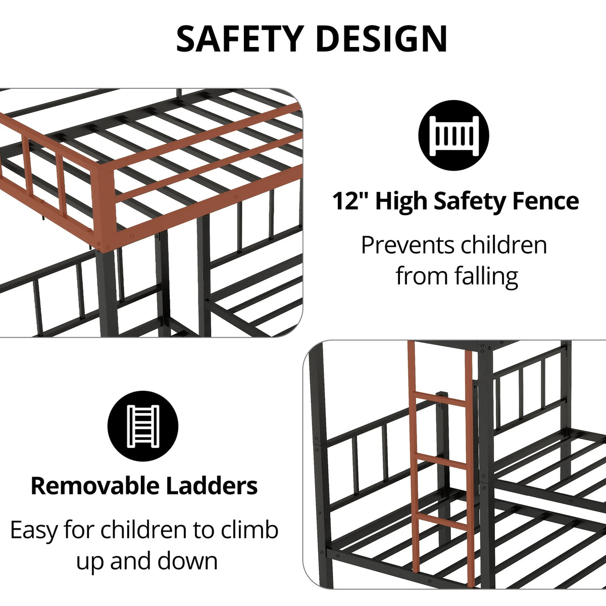 Triple Bunk Bed for 3, Twin over Twin & Twin Bunk Bed with Ladder and Shelf, Can be divided into 3 Beds, Metal Bunk Bed Frame with Safety Rail & Slats Support, No Box Spring Needed, Black