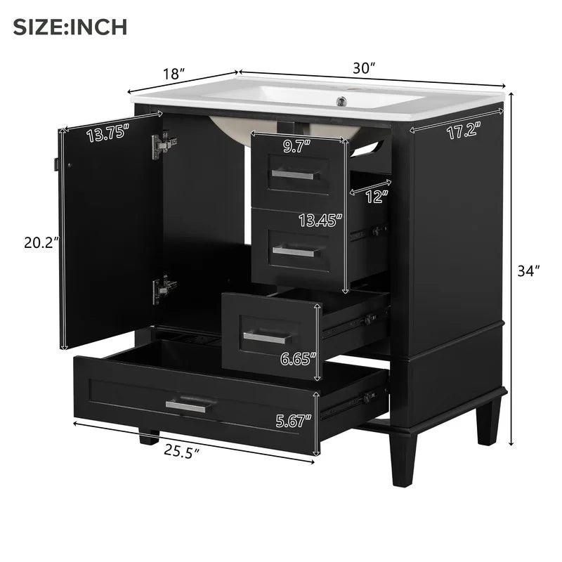 Bellemave 30" Bathroom Vanity with Sink, Cabinet with Sink Combo Set with Top, Bathroom Storage Cabinet with 3 Drawers and 1 Soft Closing Door, 30 Inch Vanity with Sink for Bathroom（White）