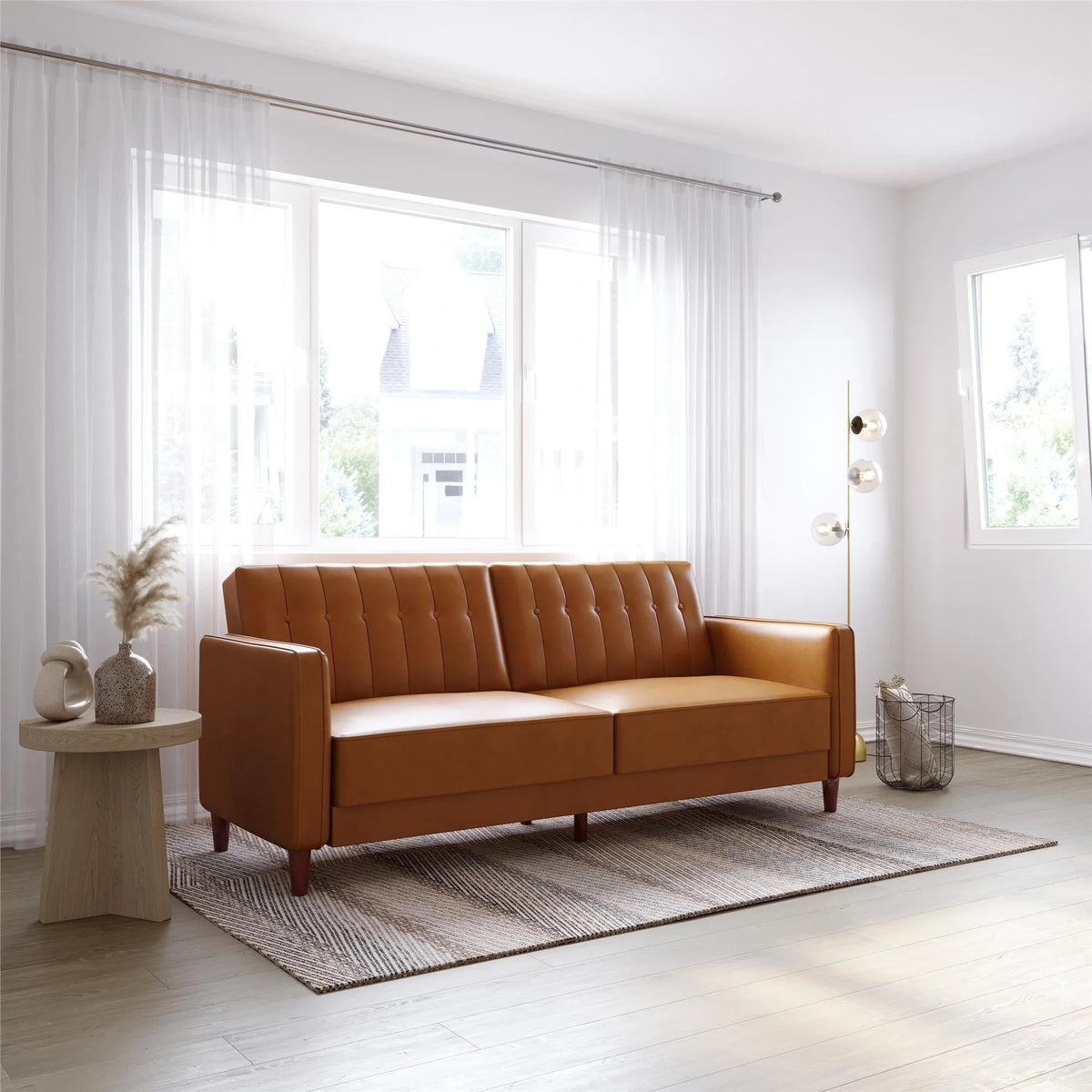DHP Pin Tufted Transitional Futon and Sofa Bed, Camel Faux Leather