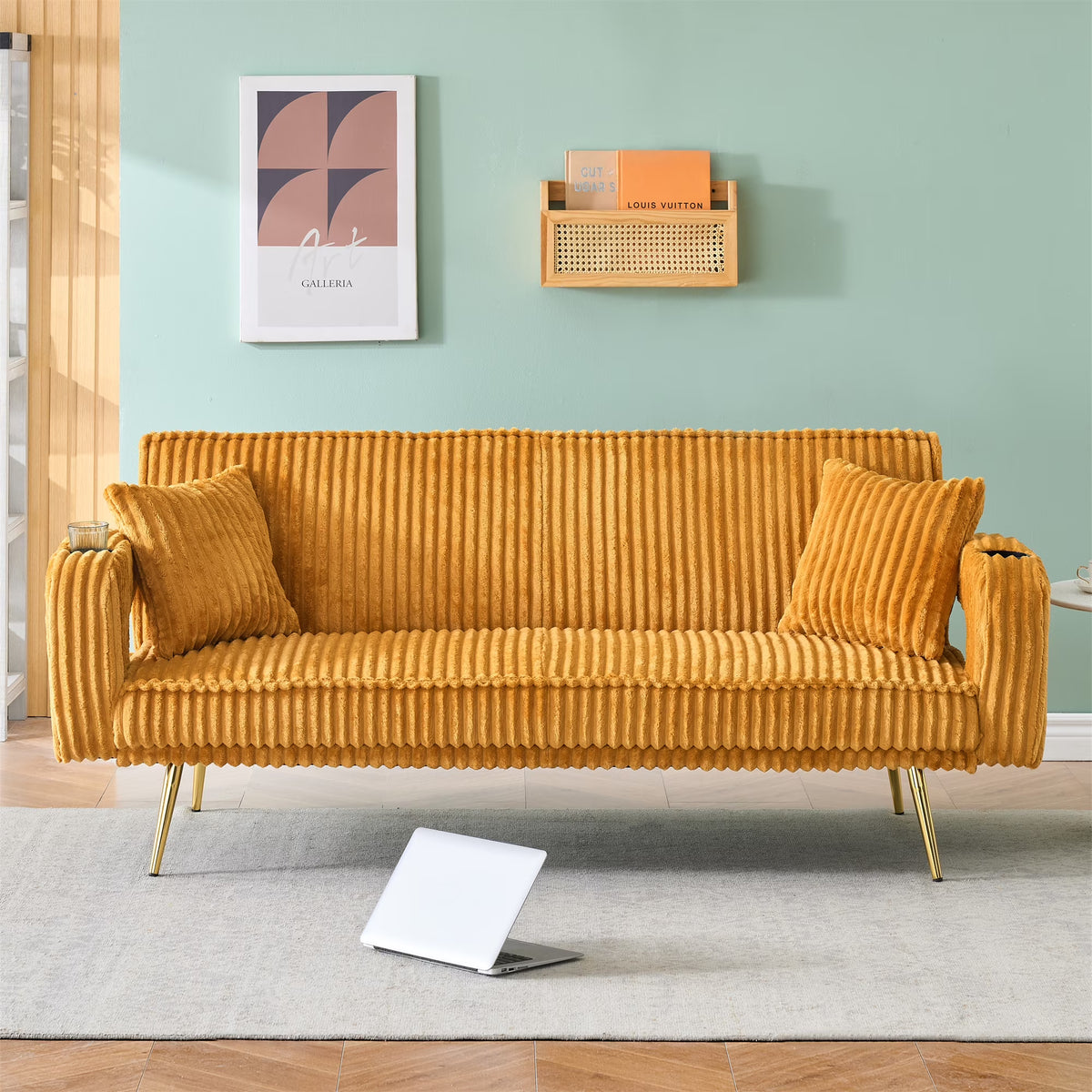 Aukfa Corduroy Futon Convertible Sofa Bed, Beige