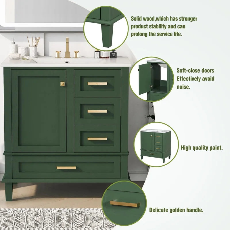 Bellemave 30" Bathroom Vanity with Sink, Cabinet with Sink Combo Set with Top, Bathroom Storage Cabinet with 3 Drawers and 1 Soft Closing Door, 30 Inch Vanity with Sink for Bathroom（White）