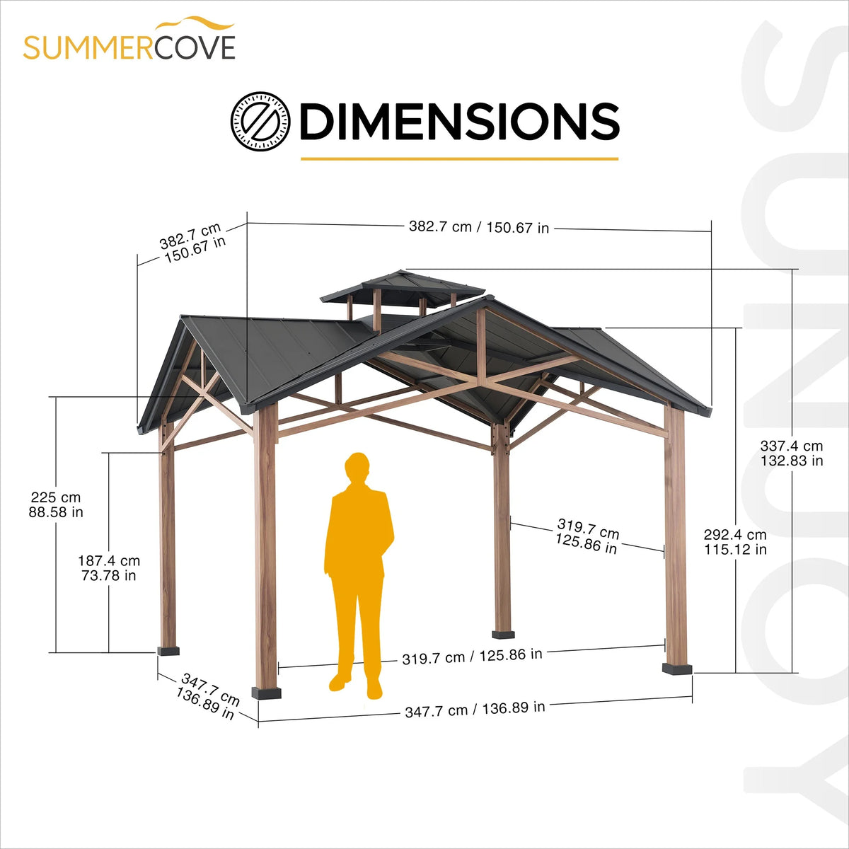 Sunjoy 12.5 x 12.5 ft. Hardtop Gazebo Outdoor Cedar Frame Wood Gazebo with Steel 2-Tier Hardtop Roof and Ceiling Hook