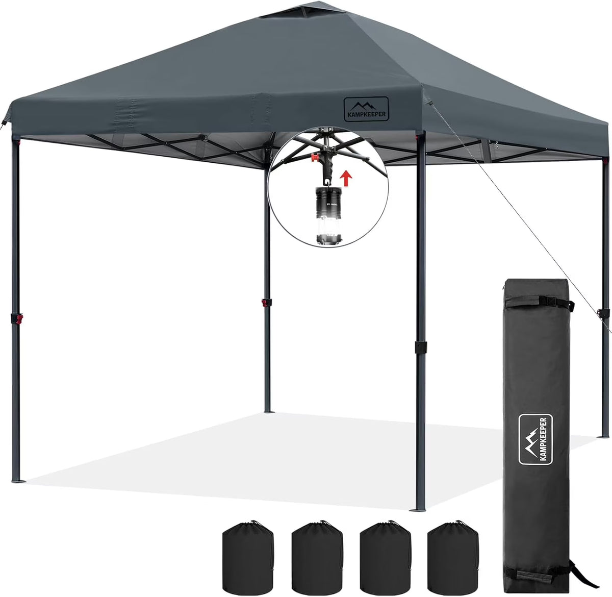 KAMPKEEPER One Person Setup 10x10 Pop up Canopy Tent, Instant Portable Canopy, One Push Outdoor Canopy with 3 Adjustable Heights, Wheeled Carry Bag, Bonus 8 Stakes and 4 Ropes(Dark Grey)