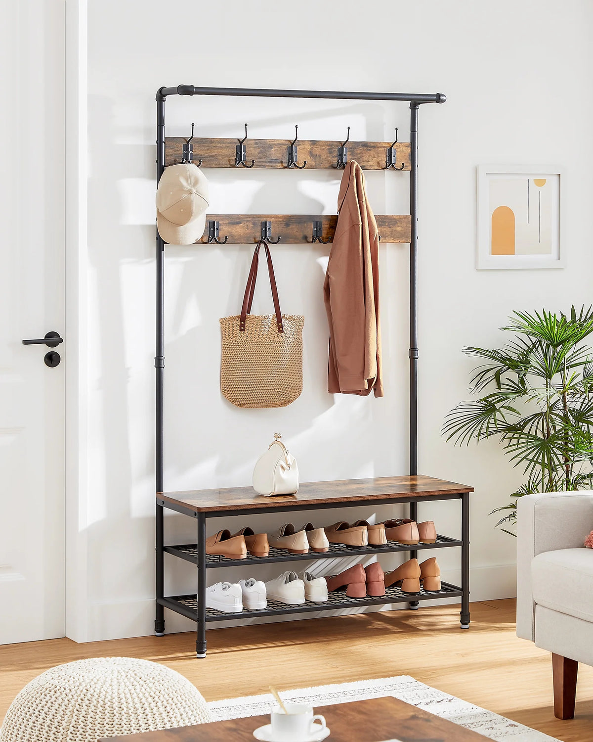 40"Entryway Coat Rack and Storage Bench Multifunctional 4-in-1  Hall Tree with 9 Hooks Sturdy Steel Frame