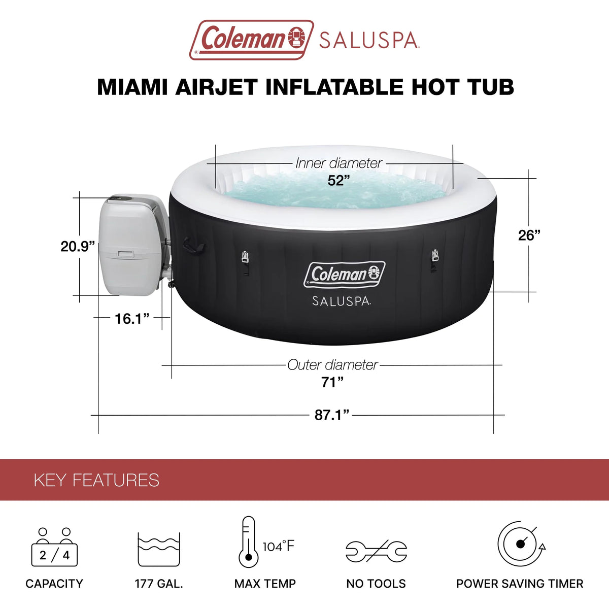 Coleman 4 Person 60 Jet Outdoor Spa, Inflatable Hot Tub, Gray