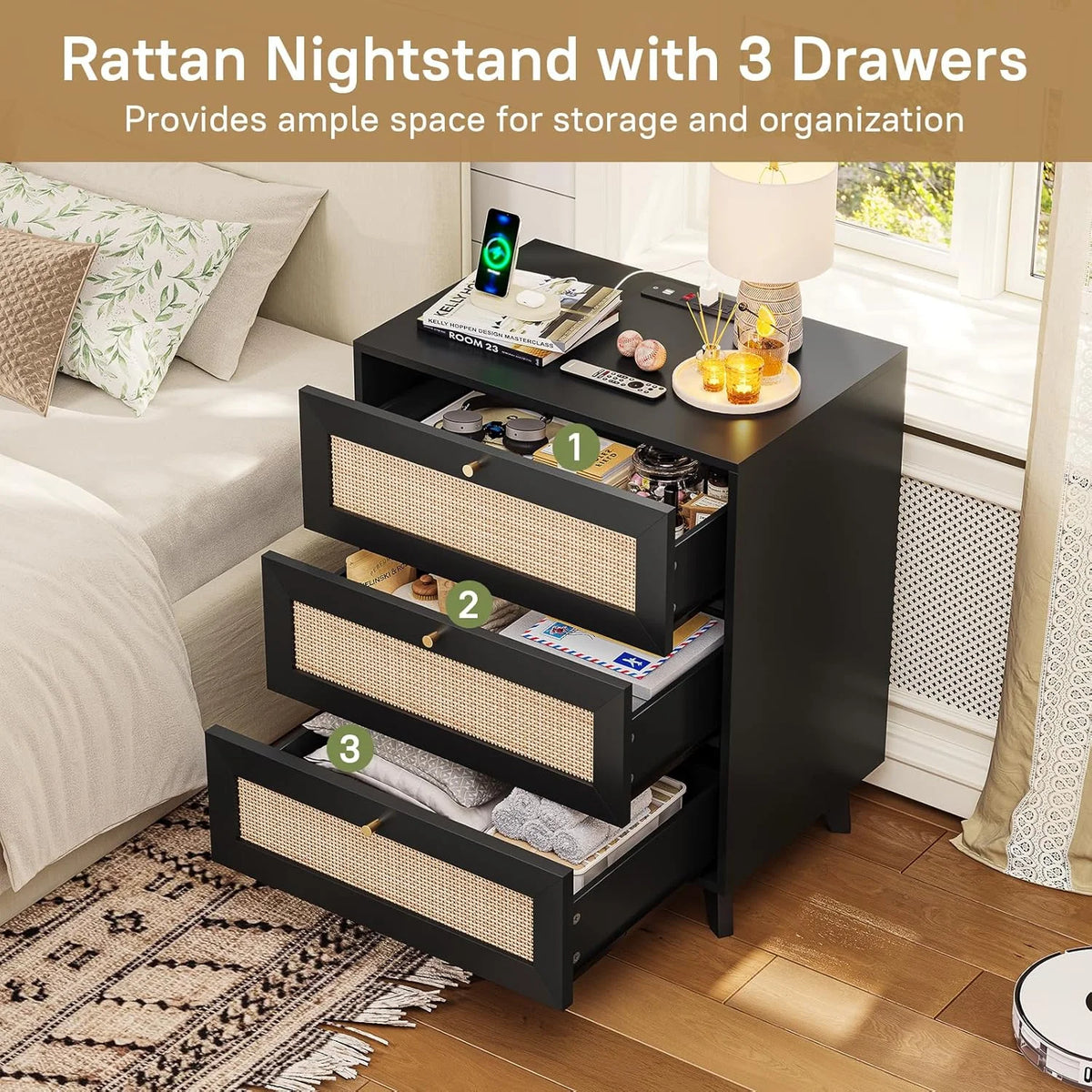AOGLLATI Rattan Nightstand with Charging Station & 3 Drawers for Bedroom