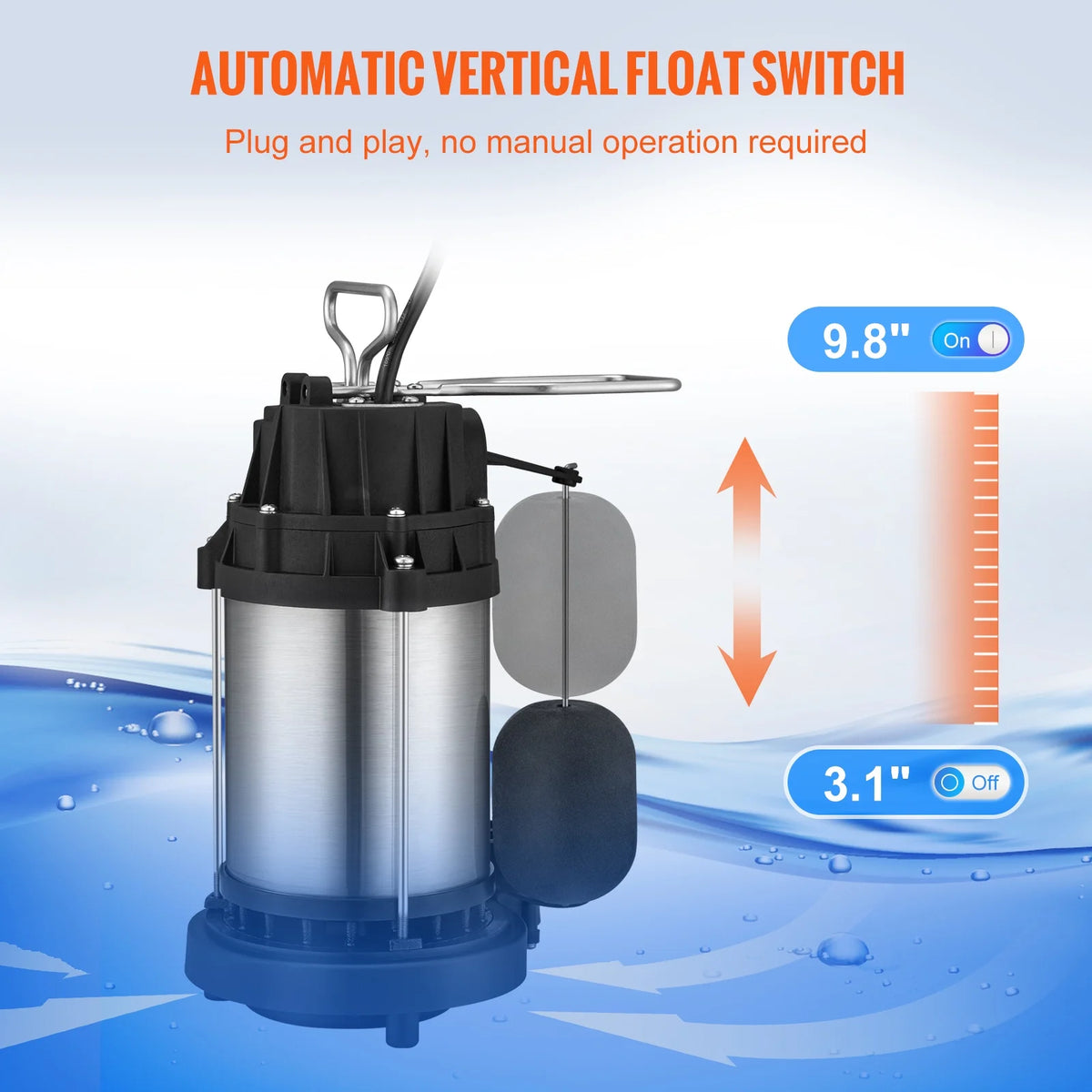VEVOR 1/2 HP Submersible Sump Pump, 4320 GPH, Stainless Steel, Automatic Float Switch