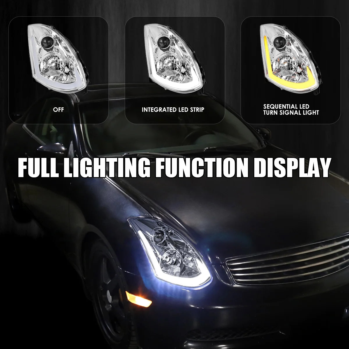 Spec-D Tuning Smoke Projector Headlights w/ Sequential LED Strip Compatible with 2003-2007 Infiniti G35 Coupe, Left + Right Pair Headlamps Assembly