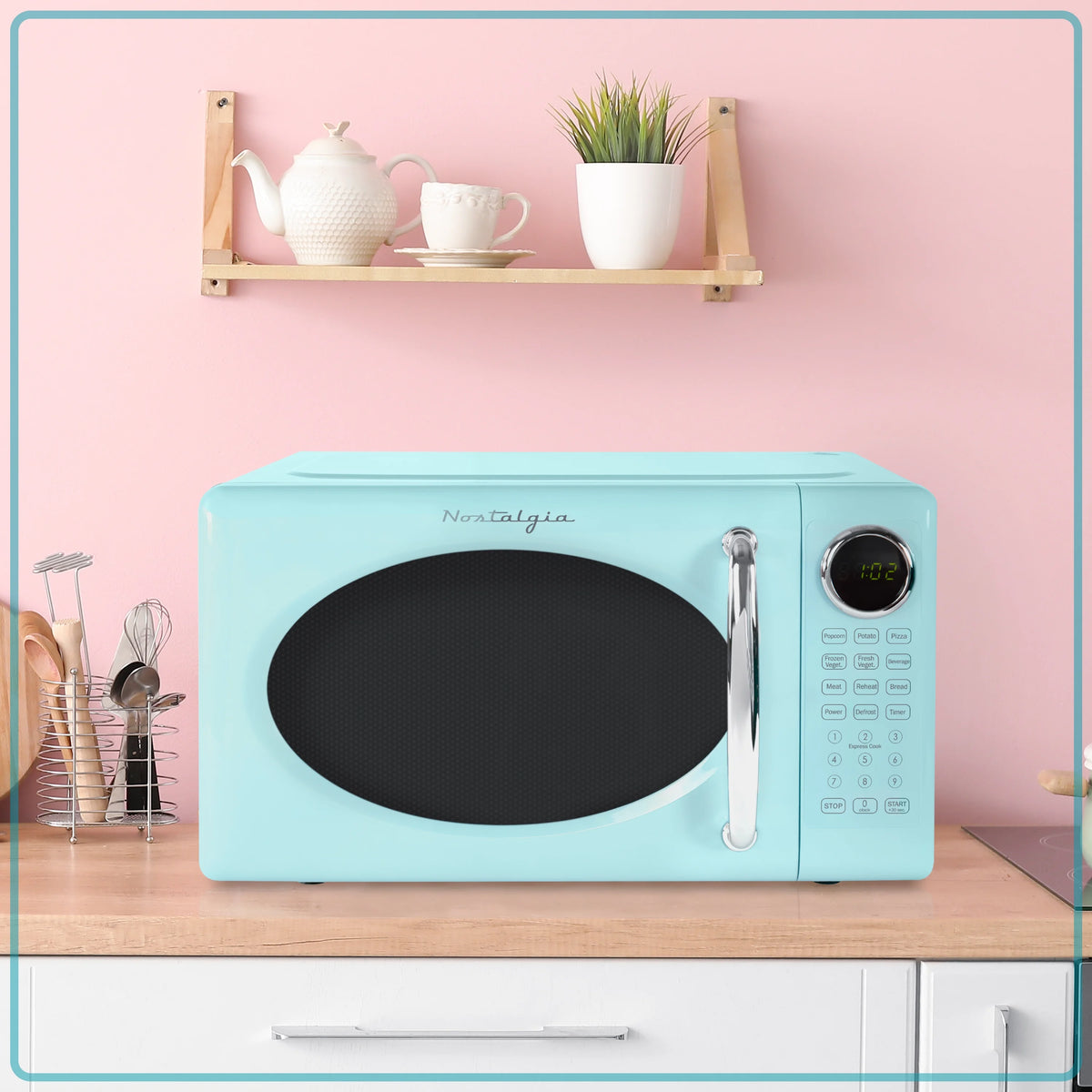 Nostalgia Retro Microwave Oven - 0.7 Cu Ft & 700-Watt Countertop Microwave with Glass Turntable, Child Safety Lock, 8 Auto-Cook Programs & Digital Clock - Aqua