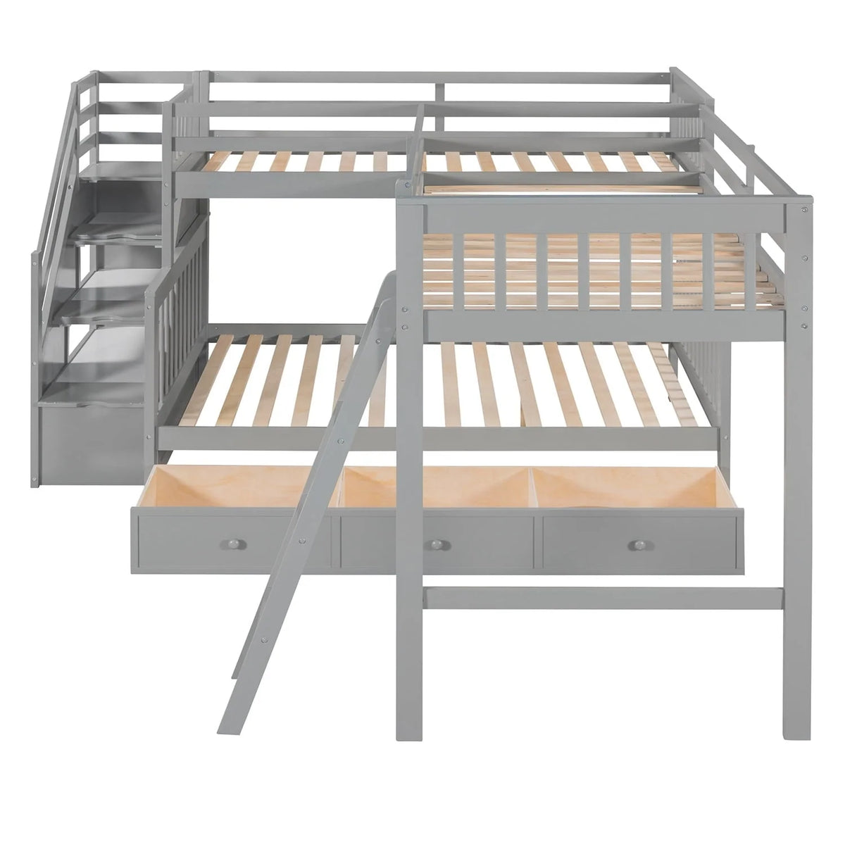 L-Shaped Triple Bunk Bed for 3, Twin Over Full Bunk Bed with 3 Drawers and Storage Staircase Solid Wood Bunk Bed Frame with Full-Length Guardrails and Ladder for Girls Boys No Box Spring Needed, Gray