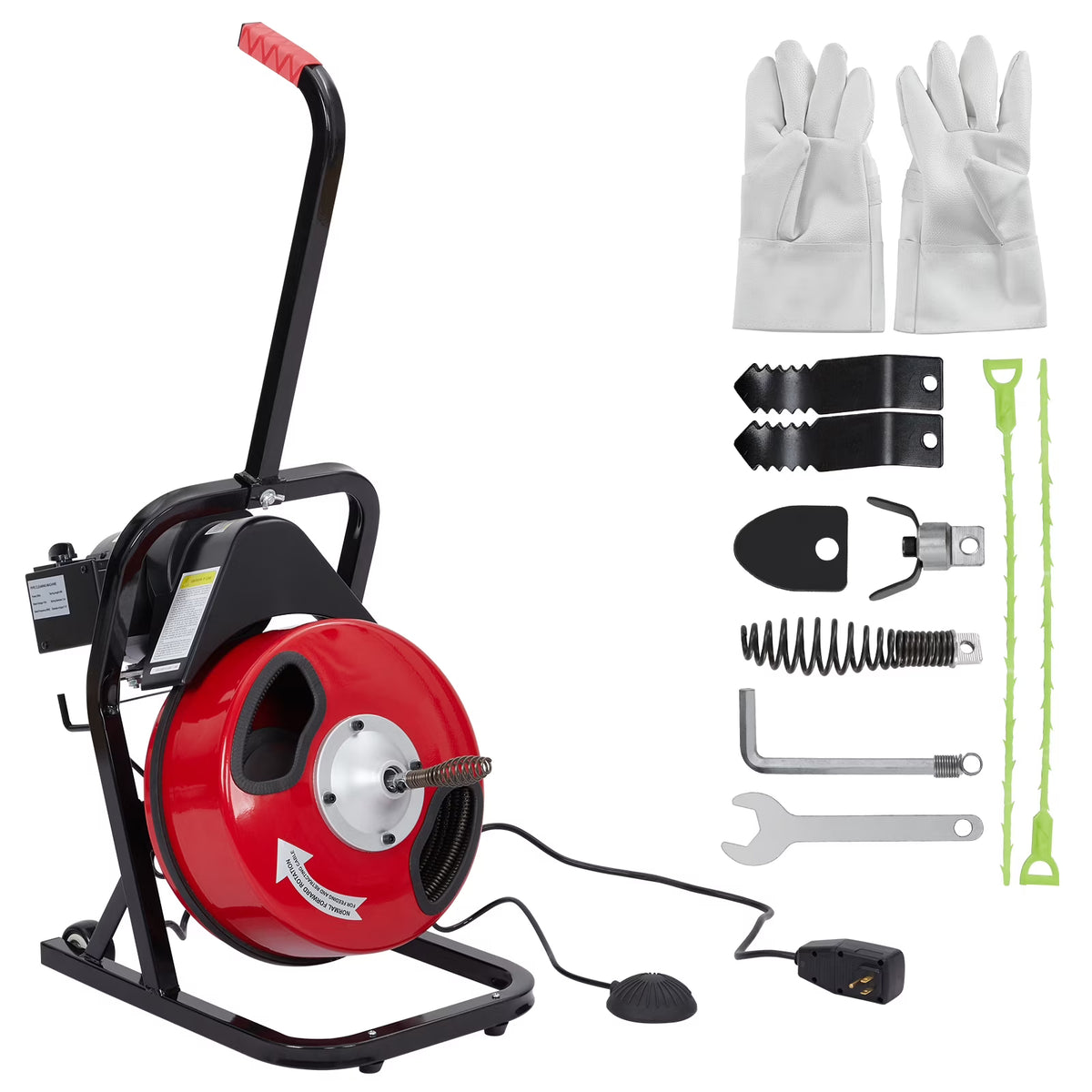 Roromall Drain Cleaner Machine 50FT/75FT/100FT x 3/8-inch/1/2-inch Sewer Auger Electric Drain Auger Sewer Snake with 4 Cutter, Air-Activated Foot Switch, Gloves