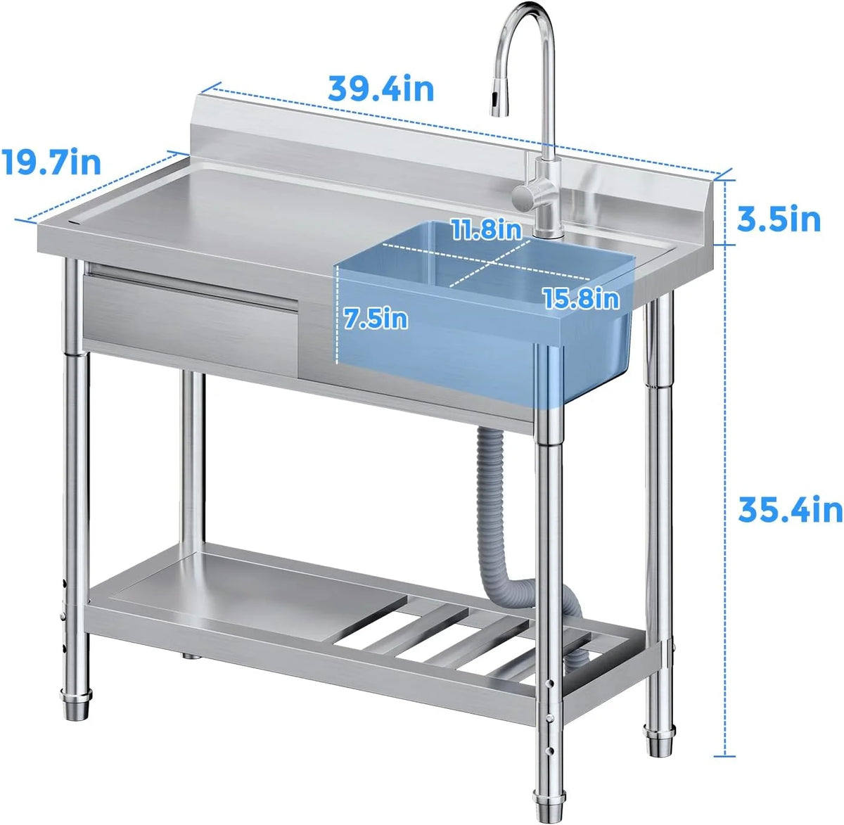 39 Inch Stainless Steel Utility Sink with Faucet Pipes & Storage - Heavy-Duty Freestanding Sink for Indoor/Outdoor Kitchen, Laundry, Garage