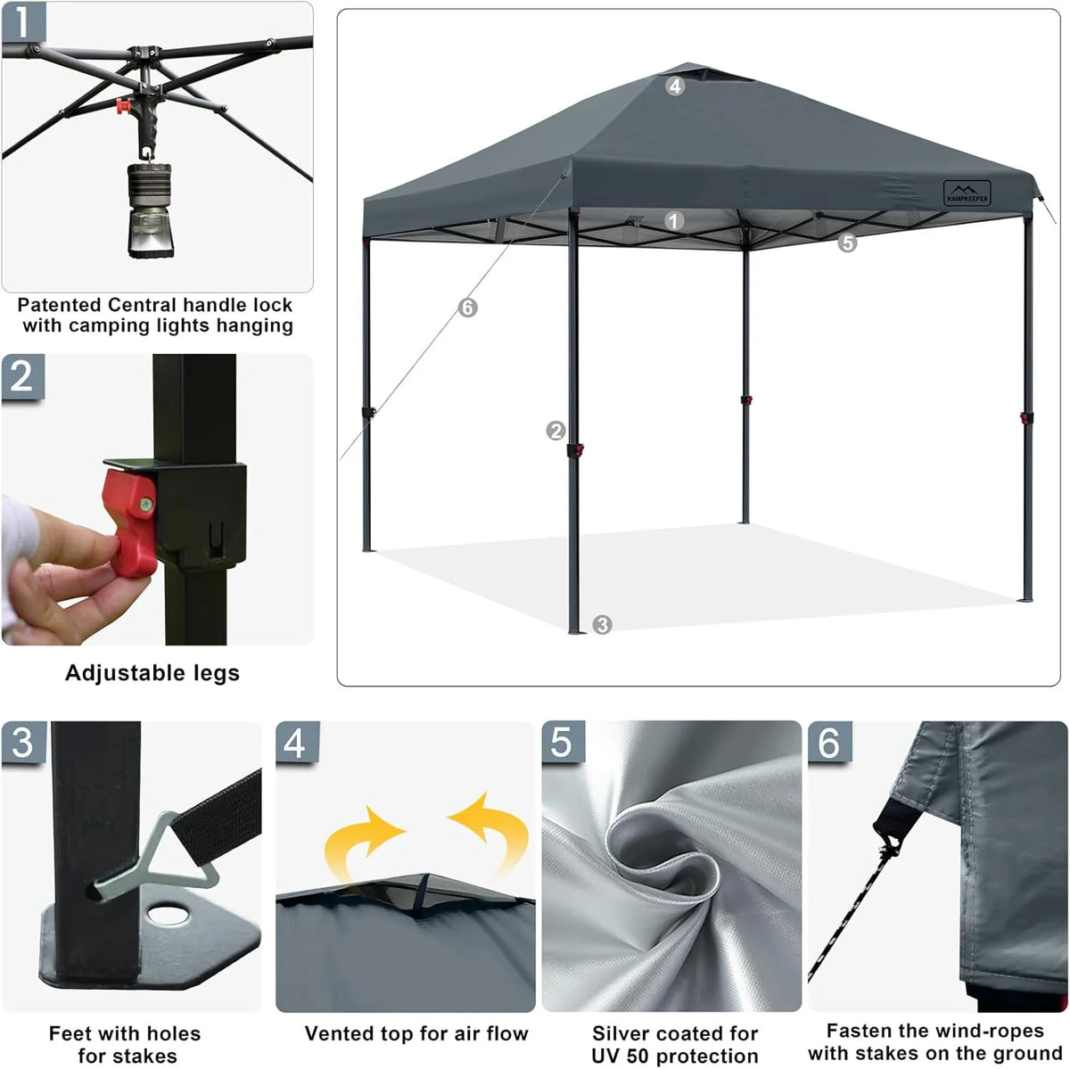 KAMPKEEPER One Person Setup 10x10 Pop up Canopy Tent, Instant Portable Canopy, One Push Outdoor Canopy with 3 Adjustable Heights, Wheeled Carry Bag, Bonus 8 Stakes and 4 Ropes(Dark Grey)