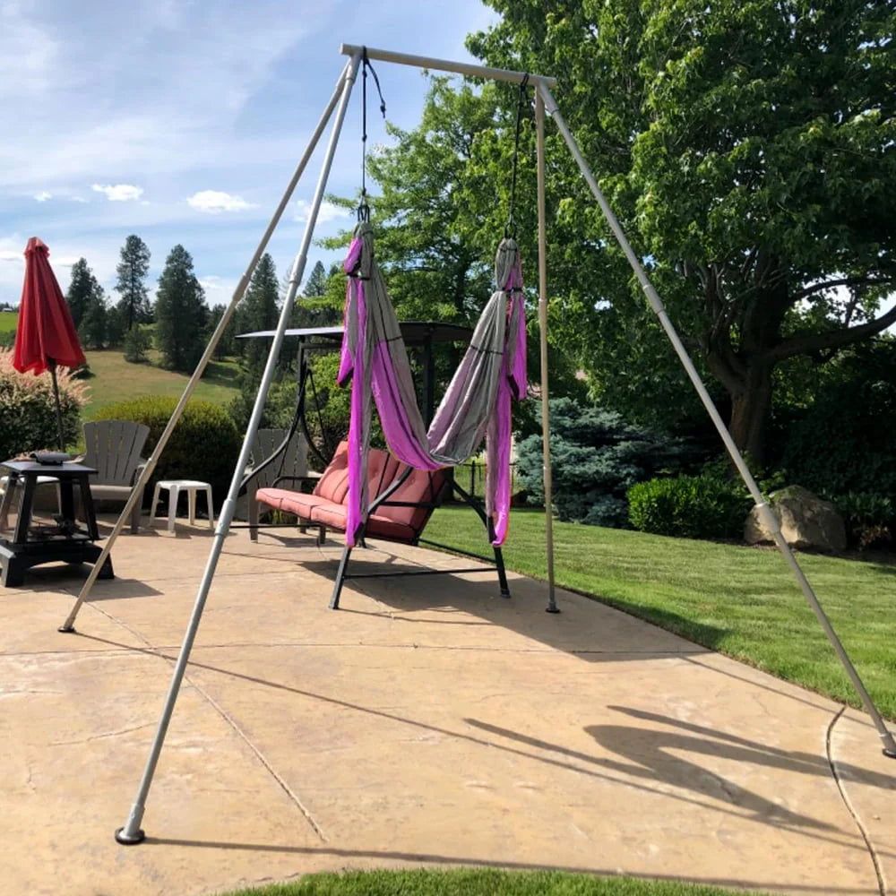 Kojem 97"/2.46m Aerial Trapeze Stand Portable Rig Yoga Swing Bar 250kg/551lbs Aluminum Rack ?Nylon Silk Indoor Outdoor Use with 20Ft/6m Aerial Purple Silk