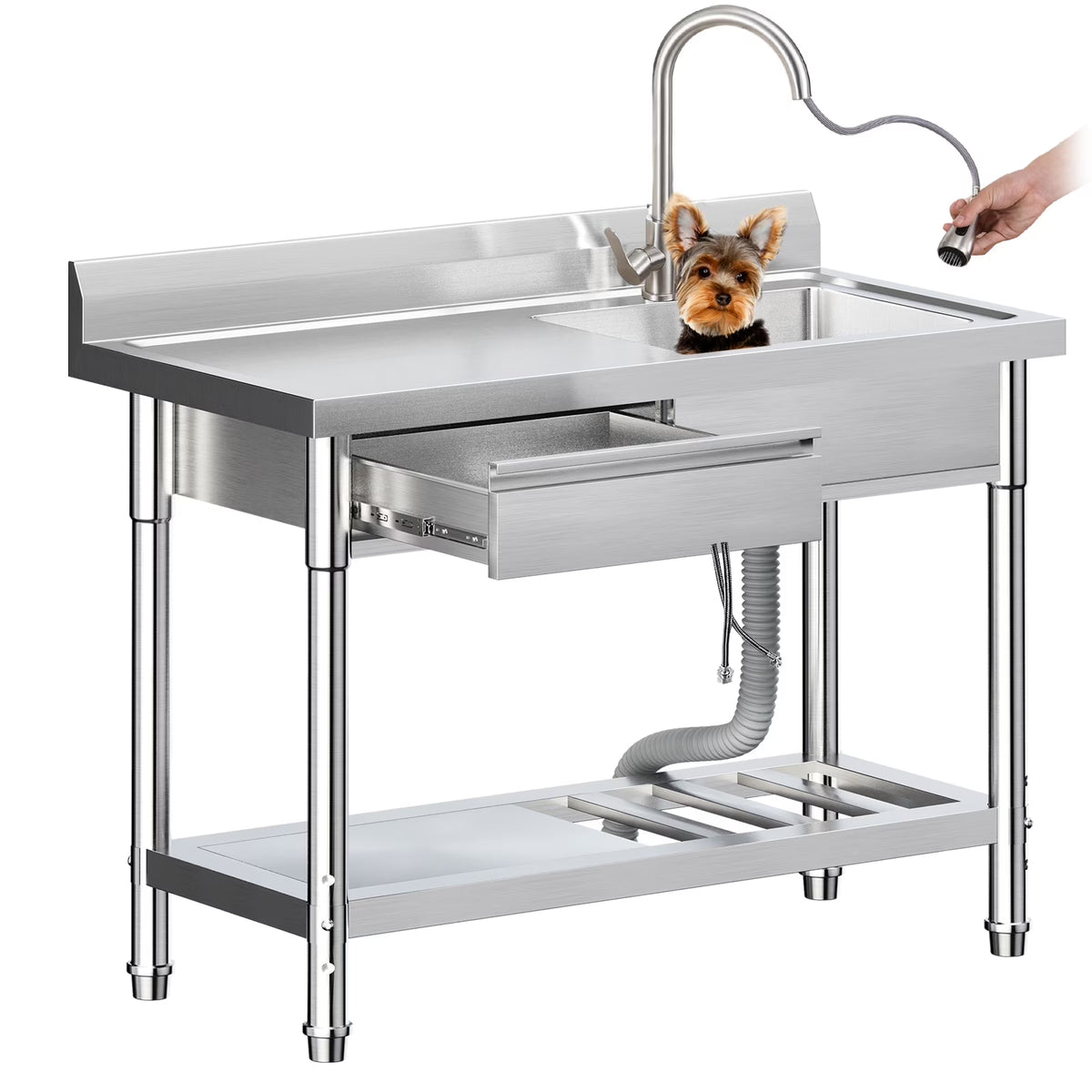 39 Inch Stainless Steel Utility Sink with Faucet Pipes & Storage - Heavy-Duty Freestanding Sink for Indoor/Outdoor Kitchen, Laundry, Garage