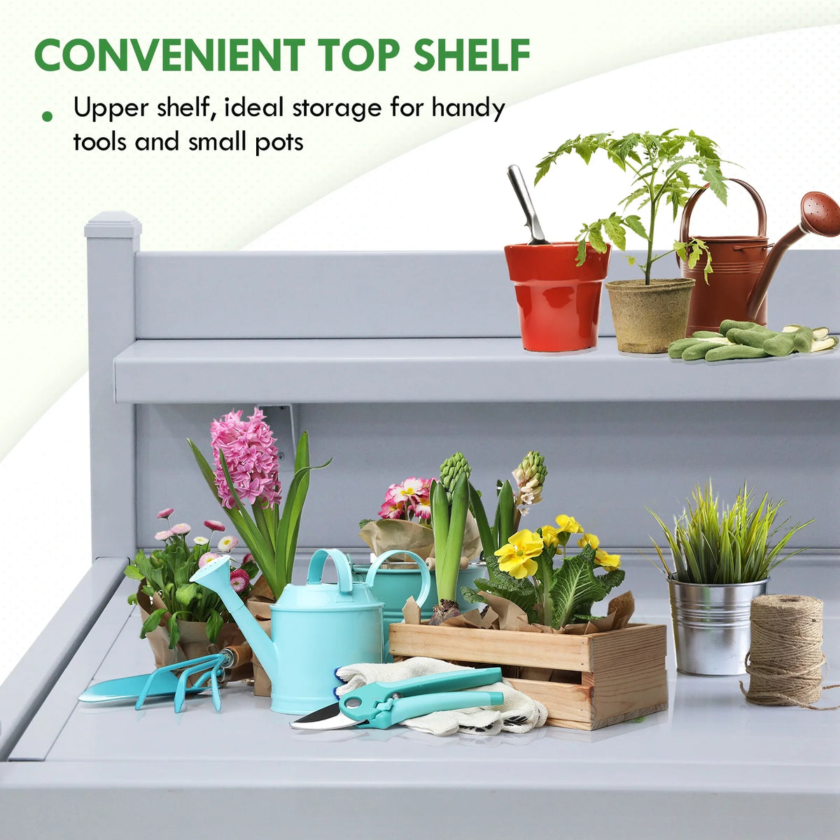 EAGLE PEAK Outdoor Indoor Vinyl Potting Bench Tsble, Gardening Work Station with Open Shelf, Lower Storage, Gray