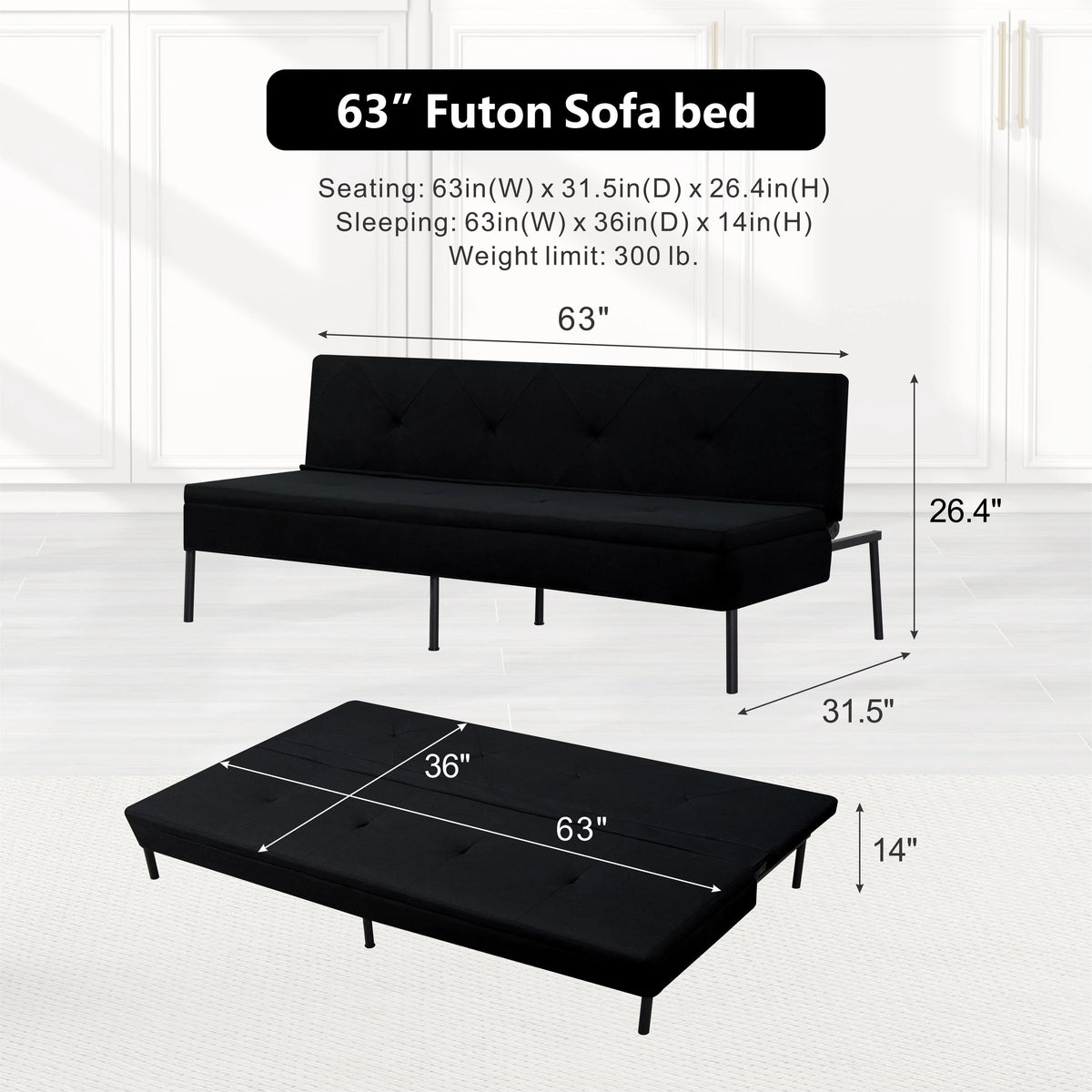 BSHTI 63Futon Sofa Bed,Upholstered with Polyester Fabric Convertible Sofa Couch for Living Room,Office(Black)