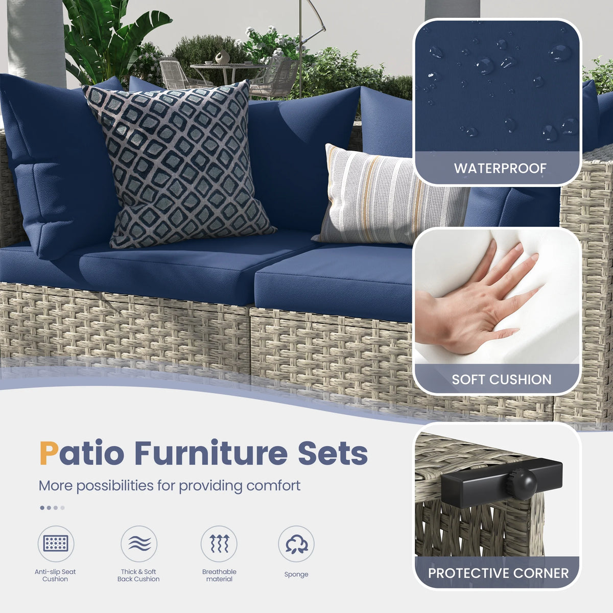 UDPATIO 7 Pieces Outdoor Patio Furniture Set, Outdoor Wicker Patio Conversation Set with Cushions for Backyard, Porch, Garden(Haze Blue)
